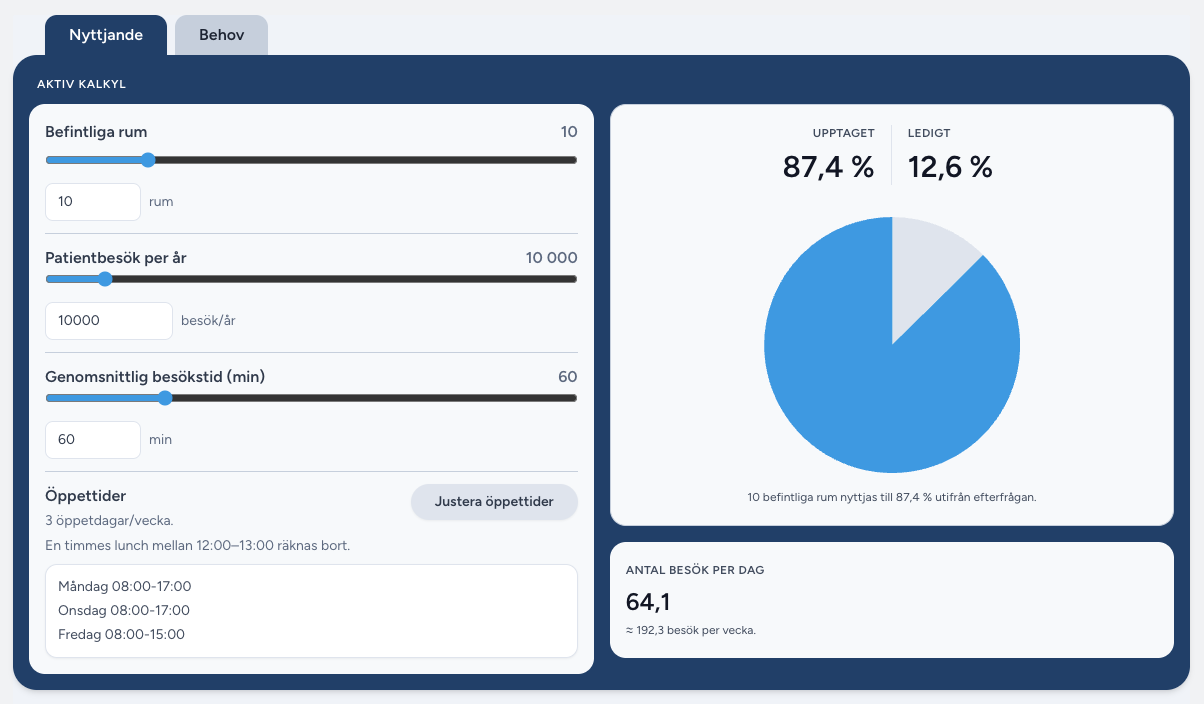 Skärmbild av kalkylverktyget Rumskalkyl